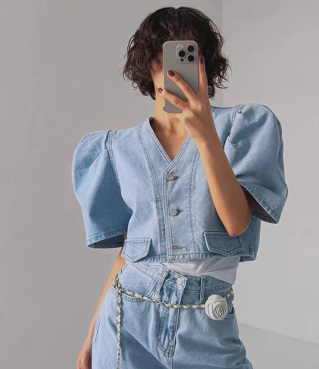 Vintage Fashion Jacket - Korean-style vintage short puff-sleeved denim jacket