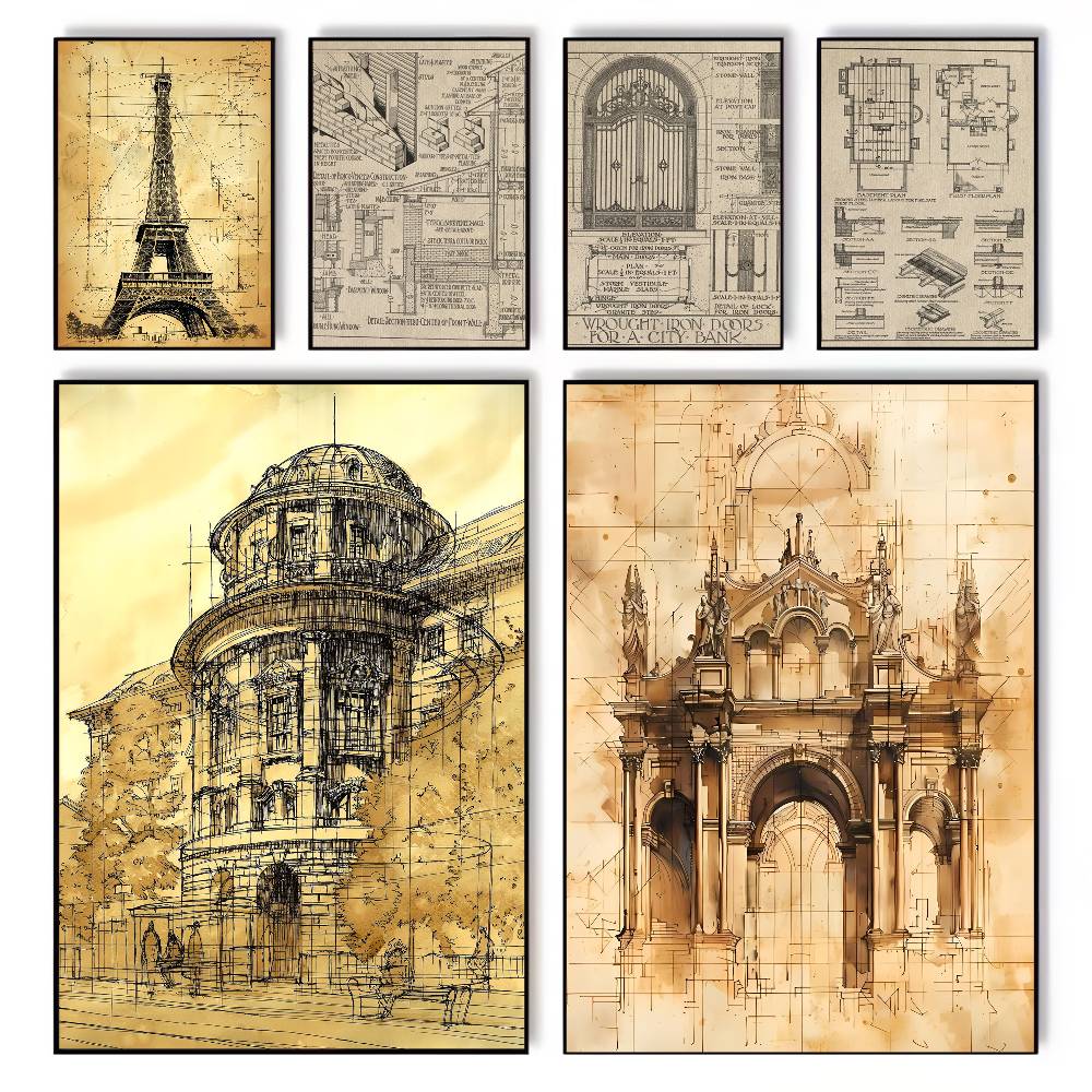 Vintage Fashion Drawings - Vintage Architecture Drawings Poster art canvas